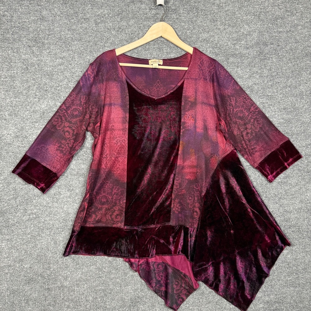 One World Plus Size 1X Tunic Blouse Maroon Handkerchief Hem Gothic Witchy‎ Dark